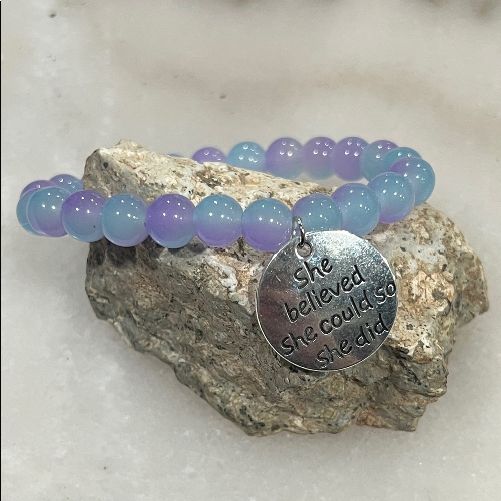 Purple and Blue Beaded Bracelet with Inspirational Charm